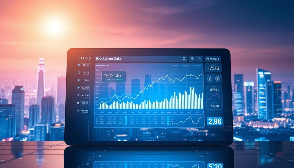 A futuristic data dashboard with a sleek, minimalist design. In the foreground, a holographic display showcases real-time blockchain data, with dynamic graphs and charts illuminating key metrics. The middle ground features a transparent interface with intuitive controls, allowing seamless API integration and data visualization. In the background, a cityscape of gleaming skyscrapers and a vibrant, neon-lit skyline sets the scene, conveying the cutting-edge technology powering the crypto analytics platform. Soft, directional lighting casts a warm, futuristic glow, creating a captivating and visually striking scene.