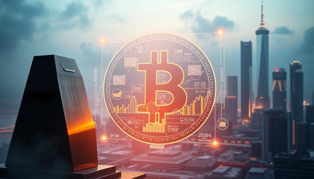 A futuristic, data-driven visualization of bitcoin mining profitability in 2026. A towering, angular Bitcoin logo dominates the foreground, its metallic surface gleaming under warm, directional lighting. In the middle ground, intricate graphs and charts float in a holographic display, showcasing complex mining metrics and financial projections. The background features a sleek, minimalist cityscape, with skyscrapers and infrastructure alluding to the technological advancements shaping the cryptocurrency landscape. An atmospheric haze and subtle blue-violet tones evoke a sense of anticipation and innovation, as the viewer contemplates the evolving dynamics of bitcoin mining after the 2024 halving.