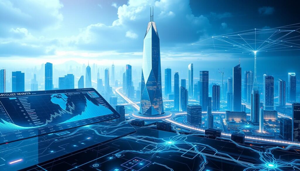 A futuristic data visualization landscape showcasing a blockchain-powered API integration system. In the foreground, a sleek, holographic dashboard displays real-time data and analytics, with intricate data visualizations pulsing with life. The middle ground features a towering, crystalline blockchain structure, its facets reflecting the dynamic flow of information. In the background, a cityscape of towering skyscrapers and glowing energy grids, all connected by a complex web of digital pathways. The scene is bathed in a cool, neon-tinged lighting, creating an atmosphere of technological sophistication and precision. The overall mood is one of innovation, efficiency, and the seamless integration of advanced tools and data.