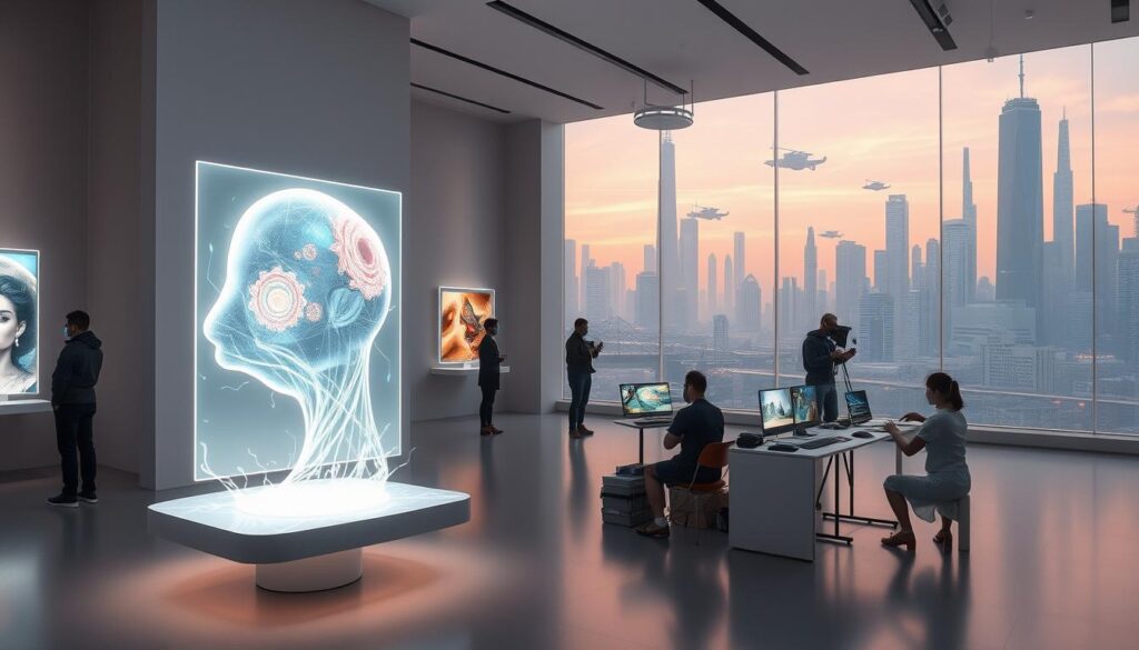 A futuristic digital art showcase in a sleek, minimalist gallery. The foreground features avant-garde NFT artworks displayed on floating, holographic screens, illuminated by soft, ambient lighting. The middle ground showcases innovative digital artists immersed in their creative process, using cutting-edge digital tools and augmented reality interfaces. The background depicts a hyper-modern cityscape, with skyscrapers and levitating vehicles, hinting at the technological advancements shaping the digital art landscape in 2025. The overall atmosphere exudes a sense of awe, wonder, and the boundless potential of digital creativity.