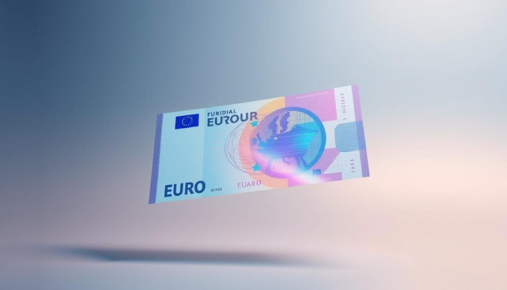 A futuristic digital euro banknote floating in a 3D space, with a clean and minimalist design. The bill has a holographic sheen, reflecting intricate patterns and subtle details. The background is a soft gradient of blues and grays, evoking a sense of technological advancement and financial stability. Overhead lighting casts a warm glow, highlighting the bill's unique features. The composition emphasizes the centrality of the digital euro, conveying its importance as a regional digital currency development.