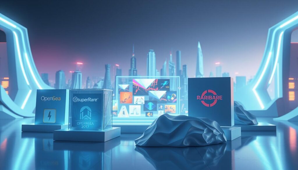 A futuristic digital landscape depicting the top NFT platforms for art collectors. In the foreground, three-dimensional representations of leading marketplaces like OpenSea, Rarible, and SuperRare, each with their distinct visual identities. In the middle ground, a dynamic display of digital artworks showcasing the diverse styles and mediums available on these platforms. The background features a sleek, minimalist cityscape with holographic projections, neon lights, and a vibrant color palette that evokes the cutting-edge technology powering the NFT revolution. Soft, directional lighting casts dramatic shadows, highlighting the sculptural forms of the platforms and the vivid digital canvases. The overall scene conveys a sense of innovation, accessibility, and the seamless integration of physical and virtual realms in the world of digital art transactions.