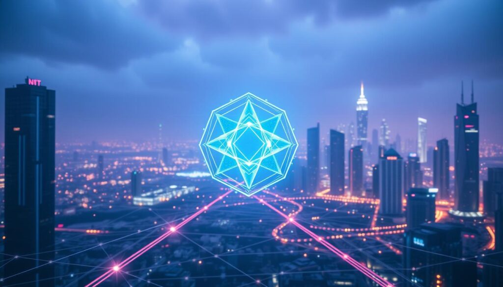 A futuristic digital landscape, where a holographic NFT symbol floats majestically in the foreground, its geometric patterns pulsing with a hypnotic rhythm. In the middle ground, a network of interconnected nodes and lines represents the underlying blockchain technology, glowing with a warm, ethereal light. In the background, a cityscape of skyscrapers and holograms suggests the integration of Web3 and loyalty programs, creating a seamless, immersive experience for the user. The scene is bathed in a cool, bluish-purple hue, conveying a sense of innovation, mystery, and the profound impact of emerging technologies on customer engagement.