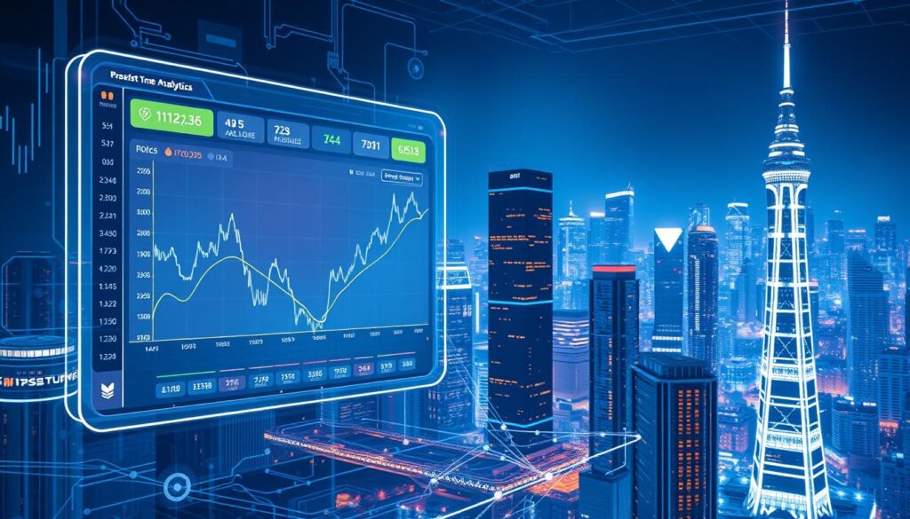 A futuristic, high-tech data visualization dashboard showcasing real-time cryptocurrency price analytics. In the foreground, a sleek, holographic display presents a dynamic chart of price fluctuations, with customizable data overlays and interactive controls. The middle ground features a complex network of interconnected API endpoints, glowing with activity as data streams in from global exchanges. In the background, a cityscape of towering skyscrapers is bathed in a cool, neon-infused lighting, suggesting the integration of advanced technologies into the modern financial landscape. The overall scene conveys a sense of power, precision, and the seamless fusion of human and artificial intelligence in the pursuit of crypto market intelligence.