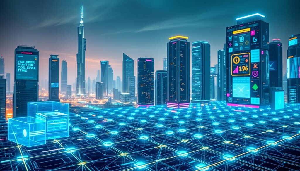 A futuristic, high-tech landscape with a vibrant, neon-infused cryptocurrency transaction interface in the foreground. The interface features a sleek, minimalist design with holographic projections, digital wallets, and seamless transaction flows. In the middle ground, a grid of interconnected blockchain nodes and data servers, their intricate web of connections pulsing with energy. The background showcases a cityscape of gleaming skyscrapers, their facades adorned with digital displays and holographic billboards, all bathed in a cool, futuristic color palette. Ambient lighting casts a warm, inviting glow, setting the scene for the creation and launch of a cutting-edge cryptocurrency.
