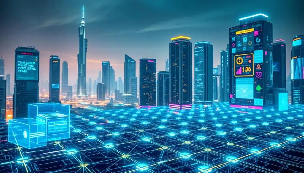 A futuristic, high-tech landscape with a vibrant, neon-infused cryptocurrency transaction interface in the foreground. The interface features a sleek, minimalist design with holographic projections, digital wallets, and seamless transaction flows. In the middle ground, a grid of interconnected blockchain nodes and data servers, their intricate web of connections pulsing with energy. The background showcases a cityscape of gleaming skyscrapers, their facades adorned with digital displays and holographic billboards, all bathed in a cool, futuristic color palette. Ambient lighting casts a warm, inviting glow, setting the scene for the creation and launch of a cutting-edge cryptocurrency.