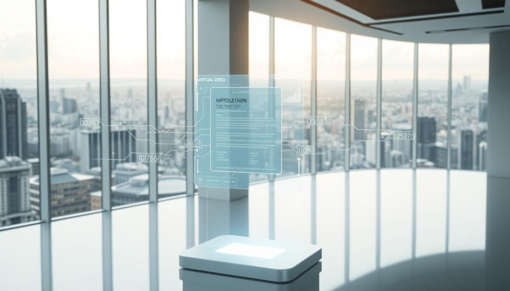 A futuristic, high-tech scene depicting the digital transformation of real estate ownership verification using blockchain technology. In the foreground, a transparent, holographic interface displays a virtual property deed, with blockchain cryptographic symbols and data streams flowing across the screen. In the middle ground, a sleek, minimalist podium or display stand holds the interface, surrounded by a clean, modern architectural setting with floor-to-ceiling windows overlooking a vibrant, densely populated cityscape in the background. Soft, diffused lighting creates a sense of depth and atmosphere, while subtle, ambient details such as floating UI elements and subtle digital overlays enhance the cutting-edge, futuristic aesthetic.