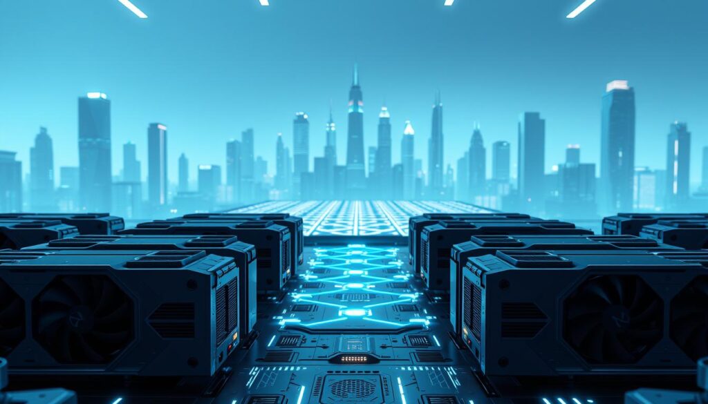 A futuristic, highly detailed 3D render of the Render Network, a decentralized GPU computation platform for AI, augmented reality, and 3D graphics. In the foreground, a series of powerful GPUs in sleek metallic casings, their fans gently spinning, arranged in a grid-like formation. In the middle ground, a complex matrix of interconnected nodes and data channels, visualizing the network's distributed processing capabilities. The background features a minimalist cityscape of towering skyscrapers and glowing holographic displays, conveying a sense of advanced technological innovation. The scene is bathed in a cool, neon-tinged lighting, creating an atmospheric, cyberpunk-inspired aesthetic.