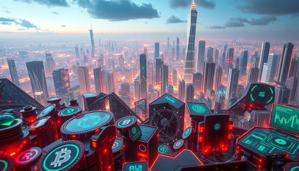 A futuristic landscape of intertwined cryptocurrencies and blockchain technologies, with a dynamic, evolving cityscape in the background. The foreground features a diverse array of digital assets, including NFTs, DeFi protocols, and emerging crypto projects, all in a state of flux and transformation. The middle ground showcases a multitude of holographic interfaces, data visualizations, and interconnected networks, reflecting the ever-changing nature of the crypto asset landscape. The background is a towering metropolis of gleaming skyscrapers, pulsing with the energy of technological innovation and financial disruption. The lighting is a blend of cool, neon hues and warm, incandescent tones, creating a sense of techno-futuristic wonder and the constant state of evolution within the crypto ecosystem.