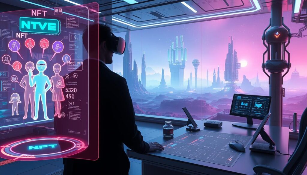 A futuristic metaverse workspace filled with cutting-edge tools and interfaces. In the foreground, a holographic display showcases interactive NFT avatars and virtual objects. The middle ground features a sleek, minimalist workstation with a touch-enabled control panel, 3D modeling software, and a VR headset. In the background, a vast virtual landscape with towering data structures, shimmering energy fields, and a hazy, neon-lit sky. Permeating the scene, an atmosphere of innovation, collaboration, and endless digital possibilities.