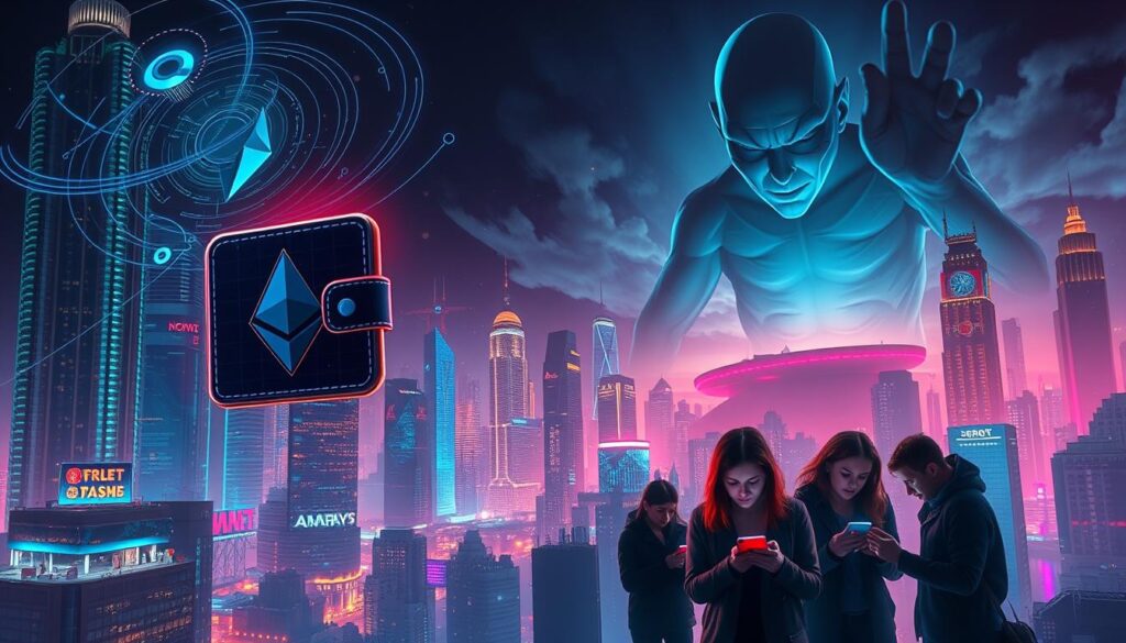 A futuristic, neon-lit cityscape with towering skyscrapers and a bustling financial district. In the foreground, a digital wallet icon floats, surrounded by swirling blockchain data streams and Ethereum gas fee charts. The middle ground depicts a group of frustrated NFT traders, their faces lit by the glow of their mobile devices as they grapple with the high costs of transactions. In the background, a looming, ominous presence represents the impact of gas fees on the overall health and accessibility of the NFT market. Dramatic lighting and a moody, cyberpunk-inspired color palette evoke the weight and importance of the issue.