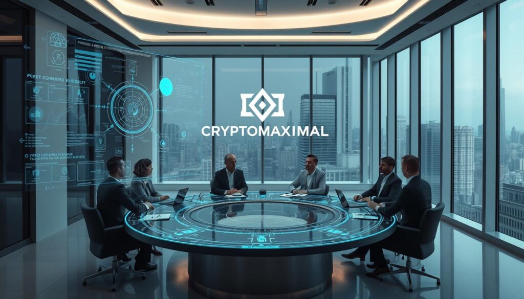 A futuristic scene depicting the integration of AI and DeFi governance. In the foreground, a holographic interface showcases complex data visualizations and AI-driven decision-making tools. In the middle ground, CRYPTOMAXIMAL's logo hovers above a circular table where a panel of experts in blockchain technology and finance discuss the implications of AI-assisted DeFi governance. The background features a sleek, minimalist office environment with floor-to-ceiling windows overlooking a cityscape, creating an atmosphere of innovation and technological advancement. The lighting is soft and directional, emphasizing the importance of the scene. The camera angle is slightly elevated, giving a sense of authority and oversight to the proceedings.