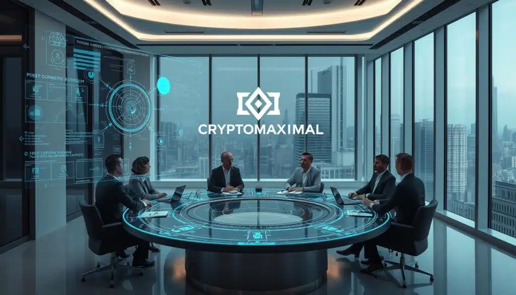A futuristic scene depicting the integration of AI and DeFi governance. In the foreground, a holographic interface showcases complex data visualizations and AI-driven decision-making tools. In the middle ground, CRYPTOMAXIMAL's logo hovers above a circular table where a panel of experts in blockchain technology and finance discuss the implications of AI-assisted DeFi governance. The background features a sleek, minimalist office environment with floor-to-ceiling windows overlooking a cityscape, creating an atmosphere of innovation and technological advancement. The lighting is soft and directional, emphasizing the importance of the scene. The camera angle is slightly elevated, giving a sense of authority and oversight to the proceedings.