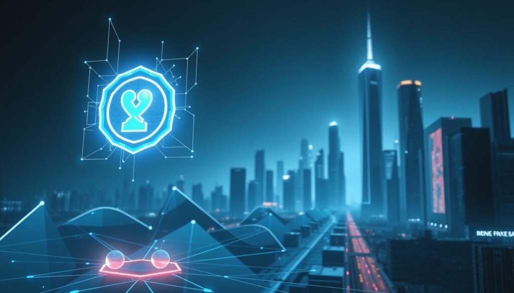 A futuristic scene depicting the intersection of blockchain technology and brand loyalty. In the foreground, a floating, holographic NFT representing a loyalty reward glows with a ethereal light. In the middle ground, abstract geometric shapes and lines symbolize the underlying blockchain infrastructure. The background features a sleek, minimalist cityscape with towering skyscrapers, conveying a sense of technological advancement. The lighting is cool and dramatic, casting long shadows and highlighting the digital, cutting-edge nature of the scene. The overall mood is one of innovation, digital transformation, and the power of Web3 to elevate traditional loyalty programs.