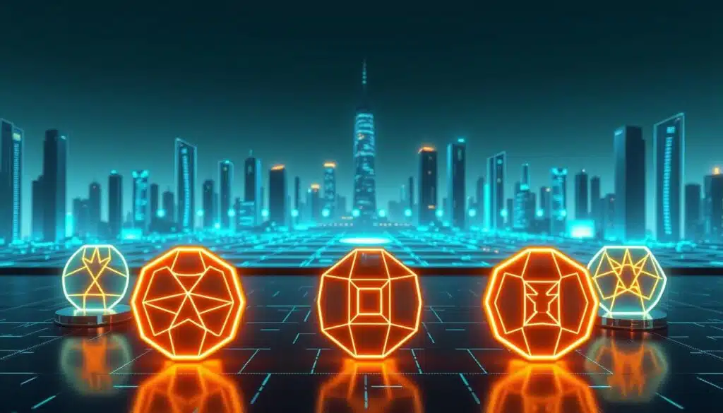A futuristic scene showcasing the blockchain token standards. In the foreground, a series of glowing, geometric tokens representing various blockchain protocols, such as ERC-20, ERC-721, and ERC-1155. These tokens are arranged in an orderly, modular fashion, highlighting their interoperability and scalability. In the middle ground, a network of interconnected nodes and digital ledgers, representing the decentralized infrastructure that powers these token standards. The background features a sleek, minimalist cityscape, with skyscrapers and digital holograms, conveying a sense of technological advancement and progress. The lighting is cool and futuristic, with a subtle blue-green hue, creating a sense of sophistication and innovation. The overall mood is one of precision, efficiency, and the seamless integration of blockchain technology into the modern world.