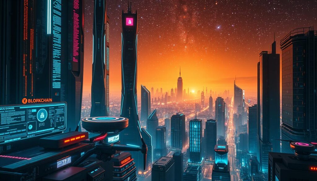 A futuristic, sleek cyberpunk landscape with towering skyscrapers, neon lights, and holographic displays. In the foreground, an advanced blockchain security system with data visualizations, cryptographic algorithms, and secure transaction protocols. In the middle ground, AI-powered drones and robotic sentinels patrolling the cityscape. In the background, a stunning skyline with a starry night sky, casting a warm glow over the scene. Lighting is dramatic, with harsh shadows and vibrant colors. The overall mood is one of technological innovation, digital security, and a glimpse into the future of AI and blockchain integration.
