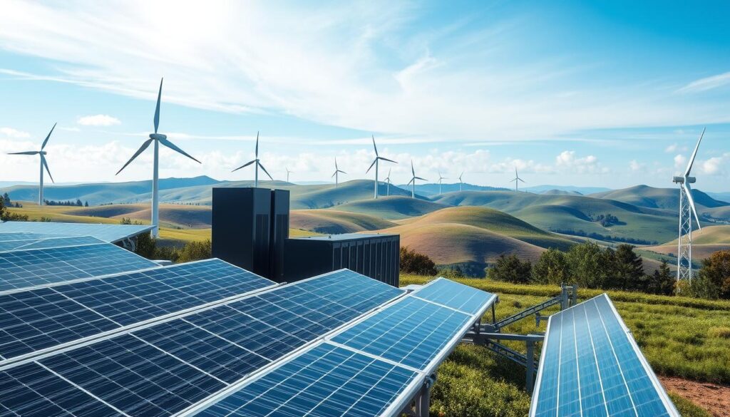 A futuristic sustainable blockchain data center, powered by renewable energy. In the foreground, solar panels and wind turbines generate clean electricity. In the middle ground, sleek servers and storage arrays process blockchain transactions efficiently. The background features a serene, natural landscape with rolling hills and a vibrant blue sky. Soft, diffused lighting creates a sense of tranquility and balance, conveying the harmony between technology and the environment. The overall scene suggests a forward-thinking, eco-friendly approach to blockchain energy consumption.