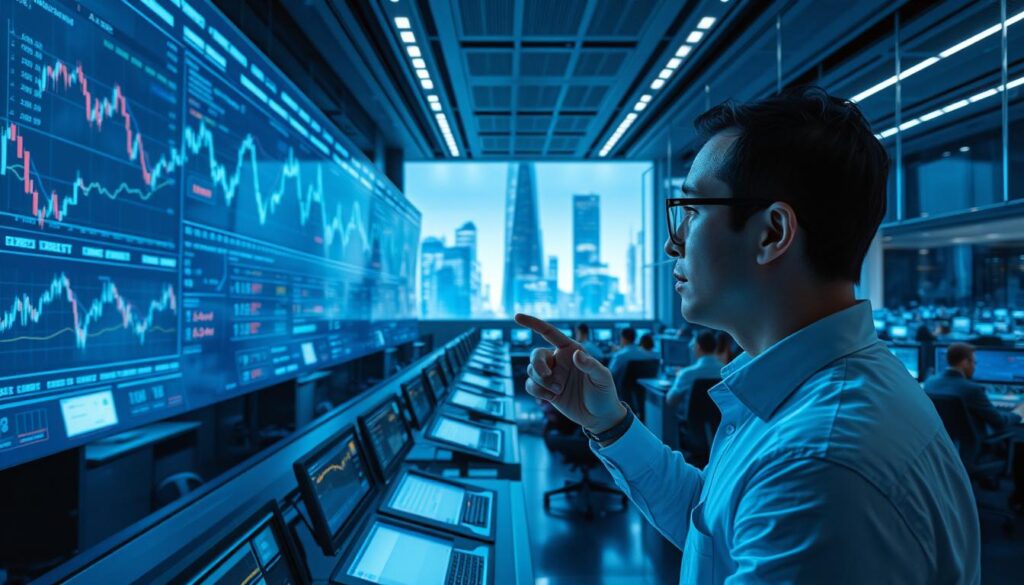 A futuristic trading floor with holographic displays and AI-powered analytics, bathed in a cool, blue-tinged lighting. In the foreground, a CRYPTOMAXIMAL trader gestures towards a dynamic market visualization, their face illuminated by the glow of the screens. In the middle ground, rows of sleek, high-tech workstations are occupied by focused traders, their fingers dancing across touch-enabled surfaces. The background features a towering, glass-encased skyline, hinting at the global reach of this cutting-edge trading ecosystem.