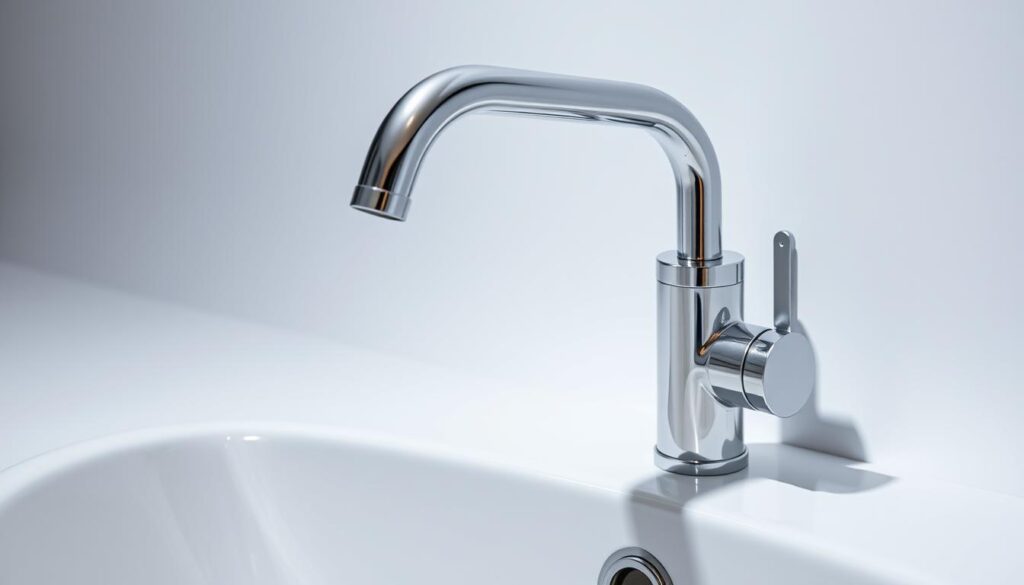 A gleaming metallic faucet set against a clean, minimalist backdrop. The faucet's sleek, modern design features a curved spout and a single lever handle, casting a subtle reflection on the smooth, polished surface. Bright, directional lighting illuminates the faucet, creating a crisp, well-defined shadow that adds depth and dimension to the scene. The overall mood is one of simplicity, efficiency, and practicality, reflecting the small, straightforward tasks that can earn cryptocurrency rewards through faucets and microtasks.