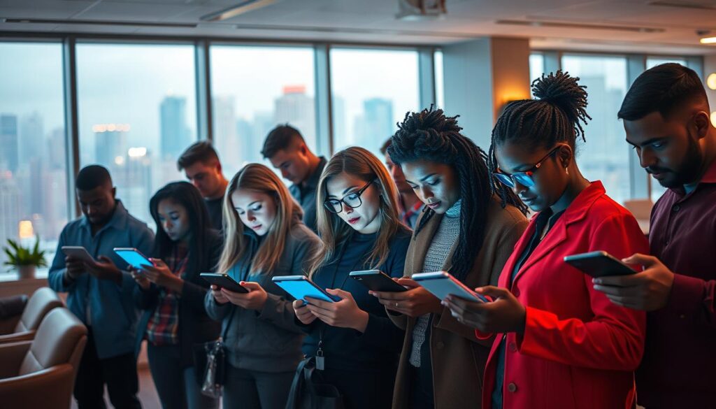 A group of diverse, vibrant individuals gathered in a modern, well-lit corporate setting, each person focused intently on their digital devices. The foreground features a central cluster of loyal customers, their faces illuminated by the soft glow of their screens, conveying a sense of engagement and connectivity. In the middle ground, the office environment is characterized by sleek, minimalist furnishings and warm, diffused lighting, creating a professional and inviting atmosphere. The background is dominated by large windows, offering a glimpse of a bustling cityscape beyond, hinting at the broader context of the loyalty program's reach and impact. The overall mood is one of productivity, innovation, and a shared sense of purpose, reflecting the importance of loyalty programs in the evolving digital landscape.