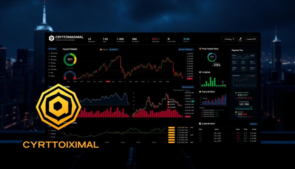 A high-contrast, data-rich dashboard displaying a comprehensive market sentiment analysis for cryptocurrency trends. In the foreground, a CRYPTOMAXIMAL logo dominates the frame, conveying a sense of authority and expertise. The middle ground features a variety of interactive graphs, charts, and indicators, depicting real-time market data, price fluctuations, and investor sentiment. The background is a moody, neon-lit cityscape, hinting at the dynamic and ever-evolving nature of the crypto landscape. The overall atmosphere is one of analytical rigor, technological sophistication, and a deep understanding of the crypto market's pulse.