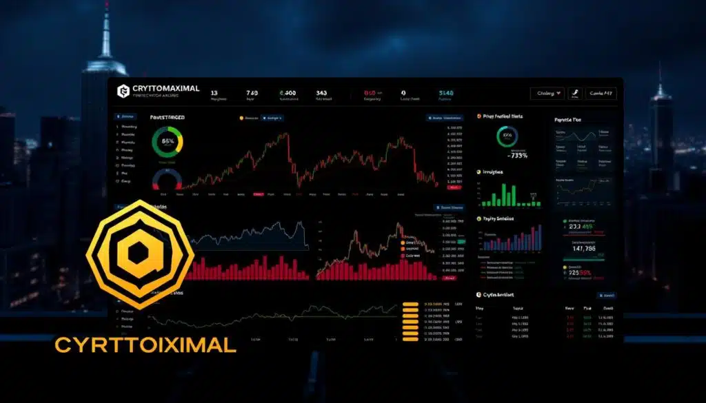 A high-contrast, data-rich dashboard displaying a comprehensive market sentiment analysis for cryptocurrency trends. In the foreground, a CRYPTOMAXIMAL logo dominates the frame, conveying a sense of authority and expertise. The middle ground features a variety of interactive graphs, charts, and indicators, depicting real-time market data, price fluctuations, and investor sentiment. The background is a moody, neon-lit cityscape, hinting at the dynamic and ever-evolving nature of the crypto landscape. The overall atmosphere is one of analytical rigor, technological sophistication, and a deep understanding of the crypto market's pulse.