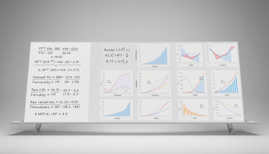 A high-quality image comparing different NFT valuation methods. In the foreground, a digital canvas displays various valuation metrics and formulas against a minimalist backdrop. The middle ground showcases a series of data visualizations, including charts, graphs, and scatter plots, illustrating the comparative analysis of these methodologies. The background features a subtle, monochromatic gradient, creating a sense of depth and focus on the central subject matter. The lighting is soft and evenly distributed, highlighting the precision and detail of the information presented. The overall atmosphere is one of analytical rigor and informative clarity, suitable for an article on NFT pricing and valuation tools.