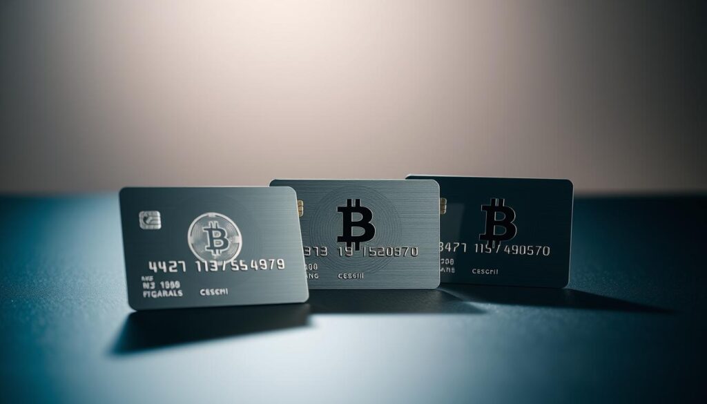 A high-quality image of crypto credit cards in a modern, sleek design. In the foreground, three stainless steel credit cards with cryptocurrency symbols engraved on their surfaces, reflecting the light from a dramatic side-lighting setup. In the middle ground, a matte black surface provides a clean, minimalist backdrop, highlighting the cards. In the background, a soft, out-of-focus bokeh effect creates a sense of depth and sophistication. The overall mood is one of technological innovation, financial security, and the convergence of traditional finance and digital assets.