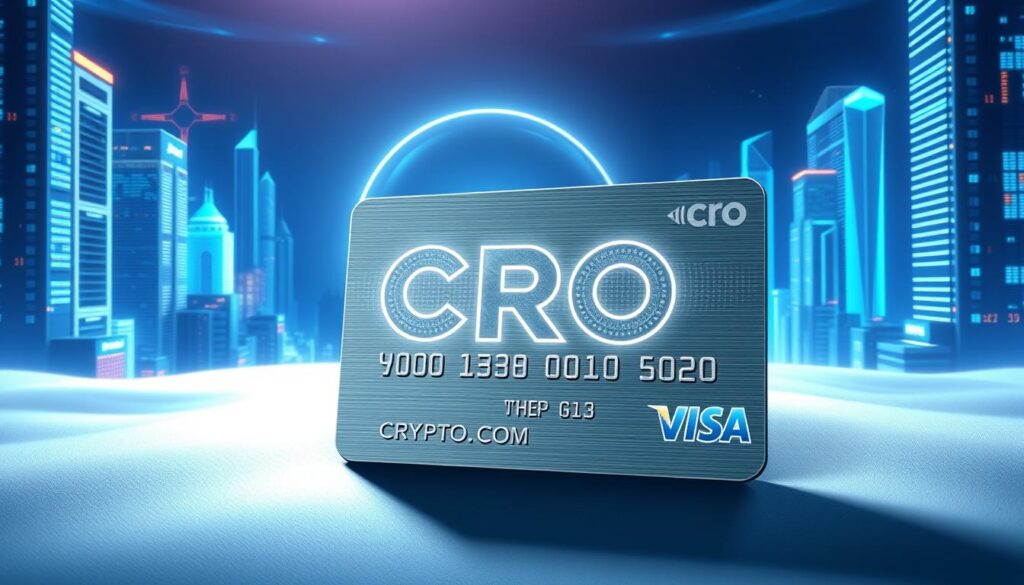 A high-resolution, detailed illustration of the Crypto.com Visa Card with the CRO cryptocurrency rewards program. In the foreground, the sleek, metallic card design with the Crypto.com and Visa logos prominently displayed. The card is set against a soft, reflective surface, casting a subtle shadow. In the middle ground, a holographic CRO logo shimmers, representing the cryptocurrency rewards. The background features a futuristic cityscape with skyscrapers and neon lights, conveying a sense of technological innovation and financial empowerment. The lighting is cool and indirect, creating a sophisticated, premium atmosphere. The overall composition emphasizes the card's premium design, the CRO rewards, and the modern, crypto-forward context.