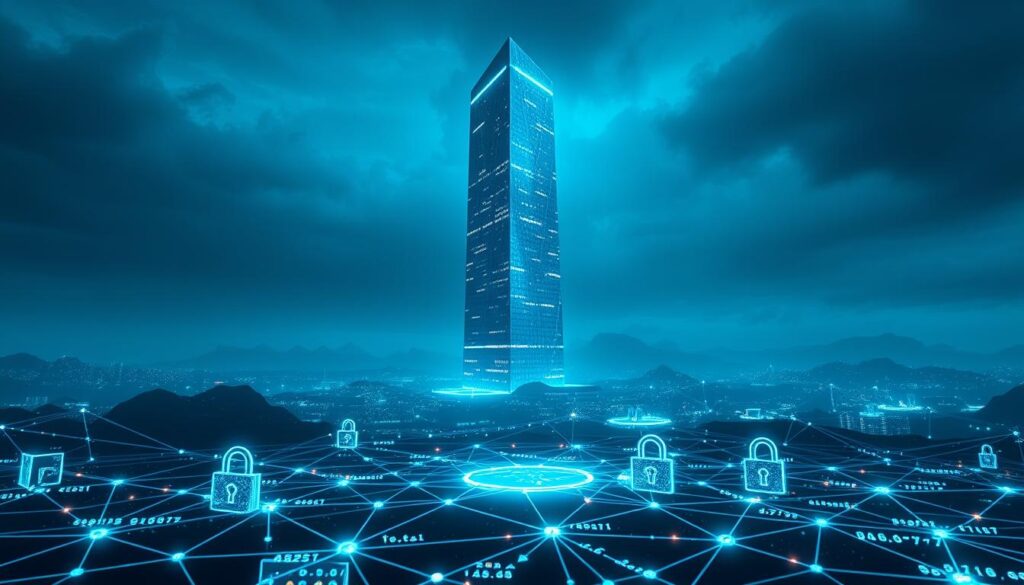 A high-security blockchain landscape, with a central data server hub glowing with digital activity. In the foreground, a network of interconnected nodes and blockchain transactions, secured by complex encryption algorithms, depicted as abstract geometric shapes. Towering in the middle ground, a skyscraper-like structure represents the robust compliance framework, its facets shimmering with holographic security seals. The background is bathed in a cool, bluish hue, conveying a sense of technological sophistication and institutional trust. Dramatic lighting casts dramatic shadows, emphasizing the gravity and importance of blockchain security and compliance.
