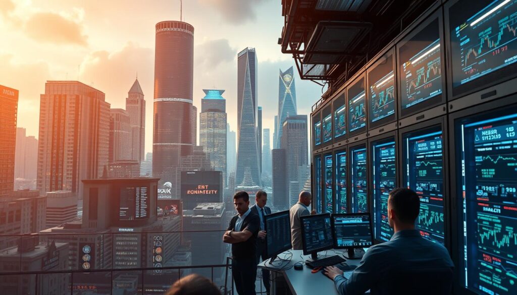 A high-security data center in the heart of a bustling cityscape, its servers and networks protected by CRYPTOMAXIMAL's cutting-edge cybersecurity solutions. Towering skyscrapers loom in the background, while in the foreground, a team of analysts monitor real-time trading data, vigilantly safeguarding the integrity of the financial systems. The scene is illuminated by warm, focused lighting, creating a sense of urgency and importance. The camera angle is slightly elevated, offering a panoramic view of the scene, conveying the scale and complexity of the challenge of ensuring data security in modern trading systems.