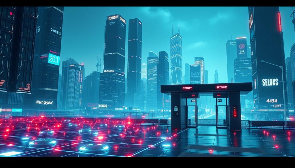 A high-tech cityscape bathed in a cool, futuristic glow. In the foreground, a secure data network pulsates with glowing nodes and connections, symbolizing the blockchain's transparent and immutable ledger. The midground features a sleek, minimalist security checkpoint, with biometric scanners and access control panels, representing the robust security measures enabled by blockchain technology. In the background, towering skyscrapers and glowing holograms create a sense of advanced, cutting-edge technology. The overall atmosphere conveys a vision of a secure, data-driven future where loyalty programs are seamlessly integrated with blockchain infrastructure.