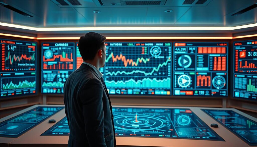 A high-tech control panel with a dynamic array of real-time cryptocurrency data displayed on sleek, holographic screens. The room is bathed in a warm, futuristic glow, with ambient lighting that subtly accentuates the precise, minimalist design. A person in a crisp, business attire stands before the panel, intently analyzing the complex information, their face illuminated by the vibrant, ever-changing data visualizations. The atmosphere conveys a sense of authority, cutting-edge technology, and the ability to make informed, AI-driven decisions in the rapidly evolving world of cryptocurrency trading.