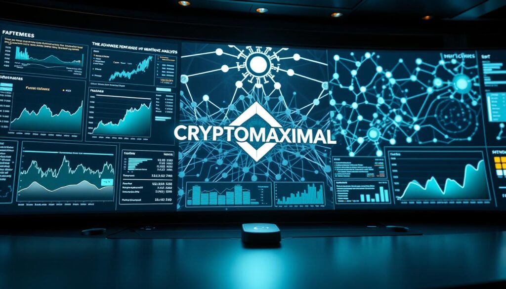 A high-tech control panel with a sleek, minimalist design. In the foreground, a series of advanced sentiment analysis visualizations - dynamic graphs, heat maps, and data visualizations. Soft, indirect lighting illuminates the display, creating a sophisticated, futuristic atmosphere. In the middle ground, the CRYPTOMAXIMAL logo is prominently featured, radiating a sense of technological prowess. The background features a network of interconnected nodes, representing the complex data processing happening behind the scenes. The overall composition conveys a sense of power, precision, and cutting-edge innovation in the field of AI-driven cryptocurrency sentiment analysis.