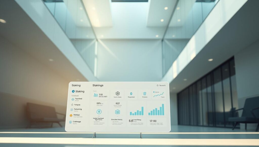 A high-tech cryptocurrency staking platform set against a sleek and modern backdrop. In the foreground, a minimalist user interface displays various staking options and rewards, bathed in a soft, indirect lighting that emanates from the edges of the frame. In the middle ground, a series of stylized icons and graphs visualize key staking metrics and performance data. The background features a clean, architectural environment with smooth, reflective surfaces that create a sense of depth and sophistication. The overall composition conveys a professional, regulated, and trustworthy atmosphere suitable for a leading U.S. cryptocurrency exchange.