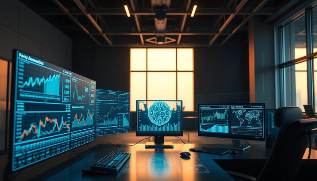 A high-tech data analysis workstation with a sleek, modern design. In the foreground, a series of holographic displays project real-time cryptocurrency price data, charts, and trading signals. In the middle ground, a powerful AI system processes vast datasets, analyzing market trends and identifying patterns. The background is a dimly lit, minimalist office space with floor-to-ceiling windows, casting a soft glow over the scene. The lighting is warm and focused, creating a sense of intensity and focus. The overall mood is one of cutting-edge innovation, data-driven decision making, and the fusion of finance and technology.