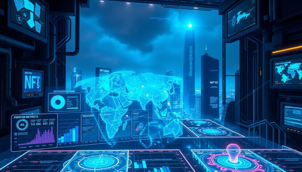 A high-tech digital landscape where complex algorithms analyze the rarity and value of non-fungible tokens (NFTs). In the foreground, a series of holographic displays showcase detailed NFT metrics, with advanced data visualization tools. In the middle ground, a network of interconnected nodes and lines represents the underlying blockchain infrastructure. The background is a futuristic cityscape, bathed in a cool, bluish glow from digital screens and neon lights, conveying a sense of technological sophistication. The scene is illuminated by a combination of directional lighting, casting dramatic shadows and highlights, creating depth and a sense of three-dimensionality.