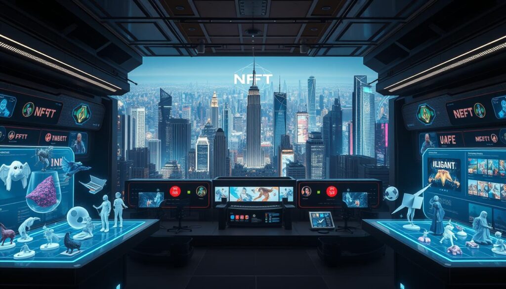 A high-tech digital marketplace, showcasing a diverse array of unique NFTs and virtual assets. In the foreground, a sleek, modern interface with holographic displays presenting various digital collectibles and artworks. Floating 3D models rotate elegantly, inviting exploration. The middle ground features stylized user avatars and interactive product listings, conveying a sense of dynamic commerce. In the background, a sprawling cityscape of gleaming skyscrapers and neon-lit towers, symbolizing the boundless potential of the digital economy. Crisp, cinematic lighting casts dramatic shadows, evoking a futuristic, immersive atmosphere. Cinematic camera angle captures the scale and grandeur of this cutting-edge digital asset marketplace.