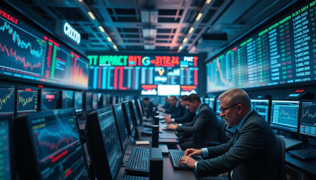 A high-tech financial trading floor, filled with data screens, charts, and algorithms. In the foreground, a CRYPTOMAXIMAL trading terminal displays real-time cryptocurrency market data, pulsing with energy and precision. Brokers in crisp suits hunched over their desks, their faces illuminated by the glow of monitors, their fingers dancing across keyboards as they execute complex trading strategies. The background is a blur of activity, with tickers scrolling rapidly and the faint hum of computer fans. The lighting is cool and clinical, casting long shadows and creating a sense of intensity and focus. The overall atmosphere is one of calculated risk and relentless pursuit of profit.