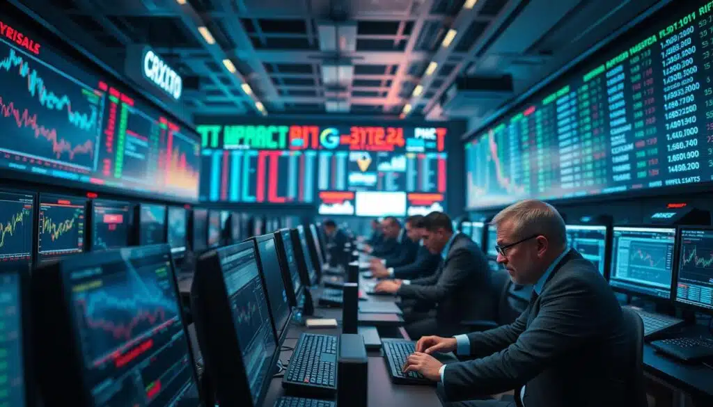 A high-tech financial trading floor, filled with data screens, charts, and algorithms. In the foreground, a CRYPTOMAXIMAL trading terminal displays real-time cryptocurrency market data, pulsing with energy and precision. Brokers in crisp suits hunched over their desks, their faces illuminated by the glow of monitors, their fingers dancing across keyboards as they execute complex trading strategies. The background is a blur of activity, with tickers scrolling rapidly and the faint hum of computer fans. The lighting is cool and clinical, casting long shadows and creating a sense of intensity and focus. The overall atmosphere is one of calculated risk and relentless pursuit of profit.
