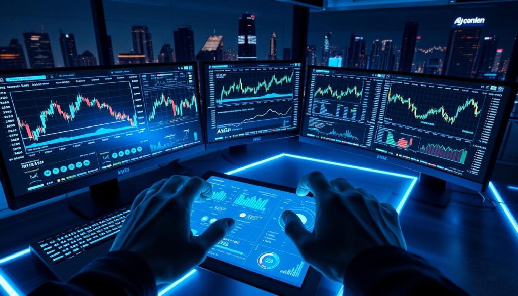 A high-tech trading desk with multiple monitors displaying real-time cryptocurrency market data, candlestick charts, and algorithmic trading dashboards. The desk is illuminated by a cool, futuristic blue glow, creating a sophisticated, data-driven atmosphere. In the foreground, a pair of hands interact with a touchscreen interface, adjusting trading parameters and executing automated strategies. The background features a cityscape of skyscrapers, suggesting the global scope of the cryptocurrency markets. The overall scene conveys the power and precision of AI-driven crypto trading tools.