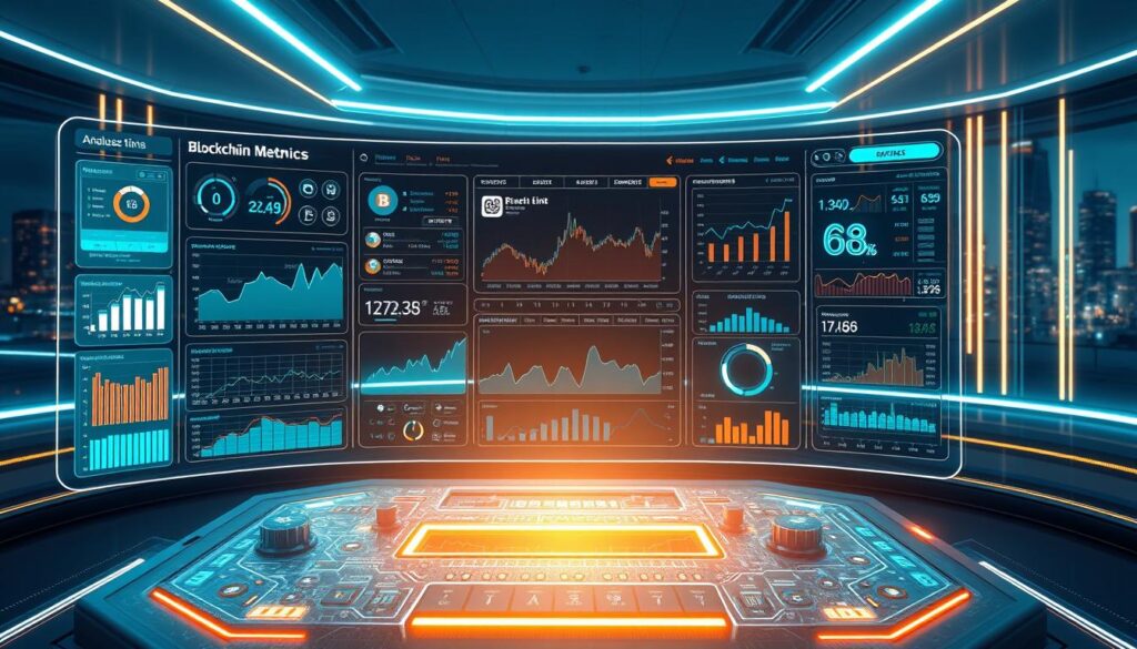 A high-tech visualization of blockchain metrics analysis, showcasing a dashboard of real-time data and analytics. In the foreground, a holographic interface displays a variety of charts, graphs, and visualizations, providing deep insights into cryptocurrency market trends, transaction volumes, and network activity. The middle ground features a futuristic control panel with various sliders, buttons, and dials, allowing the user to customize the data views and analysis tools. In the background, a sleek, minimalist environment with glowing neon accents and a cityscape backdrop, creating an atmosphere of innovation and technological prowess.