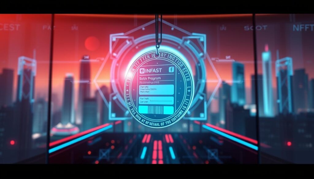A highly detailed, cinematic illustration of a customer loyalty access NFT concept. In the foreground, a futuristic, holographic NFT token floats, displaying a unique digital badge or pass. Behind it, a sleek, minimalist interface showcases loyalty program details and member benefits. The middle ground features abstract geometric shapes and lines, representing the blockchain technology underpinning the NFT. The background is a stylized cityscape, with skyscrapers and holograms, conveying a sense of innovation and technological advancement. Soft, warm lighting casts a dreamlike glow, while subtle lens flares and depth of field blur enhance the cinematic feel. The overall mood is one of exclusivity, prestige, and the transformative power of NFTs in customer loyalty and engagement.
