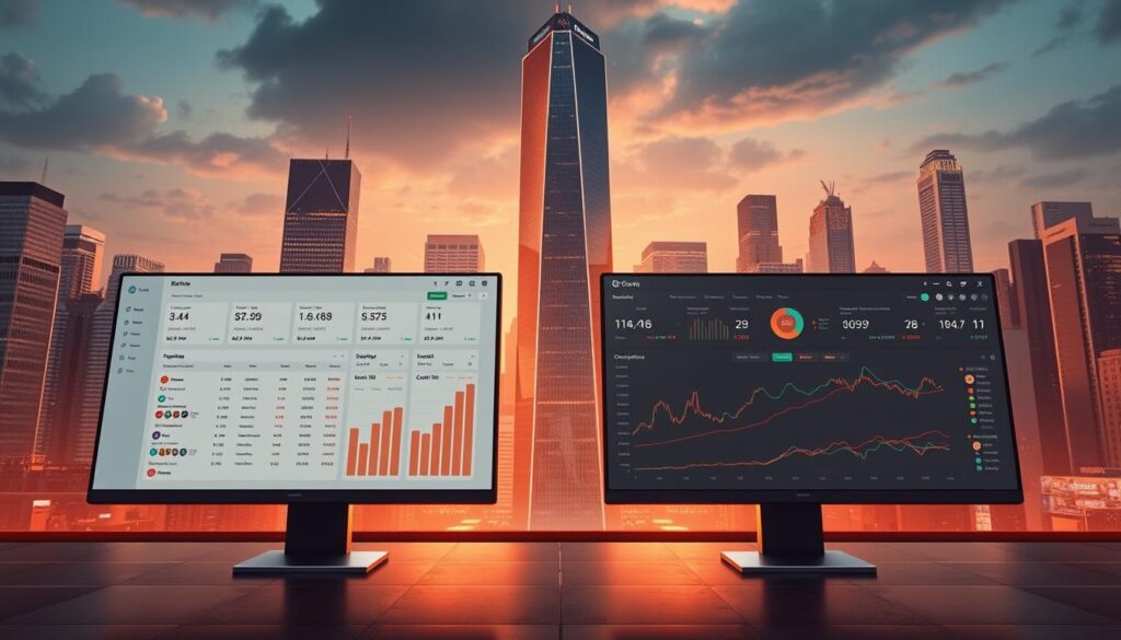 A highly detailed, cinematic illustration showcasing a side-by-side comparison of leading crypto portfolio tracking applications. In the foreground, a clean, minimalist user interface displays various cryptocurrency assets, their current prices, and portfolio performance metrics. The middle ground features a sleek, metallic dashboard with intuitive data visualizations and interactive charts. In the background, a towering cityscape of skyscrapers and digital infrastructure sets the scene, evoking the high-tech, futuristic nature of the crypto space. Warm, directional lighting casts dramatic shadows, creating depth and drama. The overall mood is one of sophistication, innovation, and data-driven decision-making.