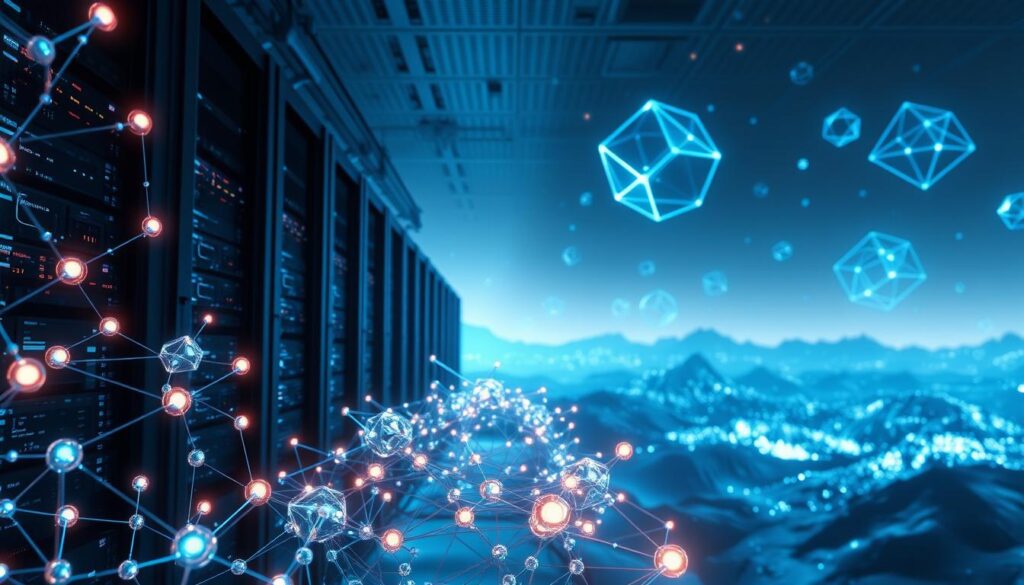 A highly detailed, cinematic rendering of the Bittensor network, a decentralized AI training and incentive system. In the foreground, intricate neural network nodes pulsate with energy, interconnected by shimmering data streams. The mid-ground features a modular, futuristic datacenter housing rows of sleek servers, bathed in cool blue lighting. In the background, a vast, abstract landscape of floating geometric shapes and holographic projections creates a sense of scale and depth. The overall atmosphere is one of technological sophistication, dynamism, and the seamless integration of artificial and natural elements.
