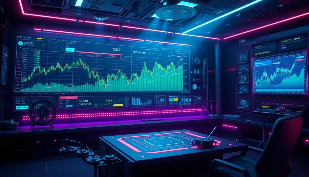 A highly detailed, futuristic digital trading interface with a sleek, minimalist design. Holographic charts, data streams, and algorithmic trading signals float in a dimly lit, neon-accented control room. Gears, cogs, and mechanical elements subtly weave through the scene, representing the inner workings of the automated trading strategy. Vibrant color palettes of blues, greens, and purples create an immersive, high-tech atmosphere. Dramatic lighting casts long shadows, emphasizing the precise, calculated movements of the system. The overall mood is one of power, efficiency, and technological innovation in the realm of cryptocurrency portfolio management.