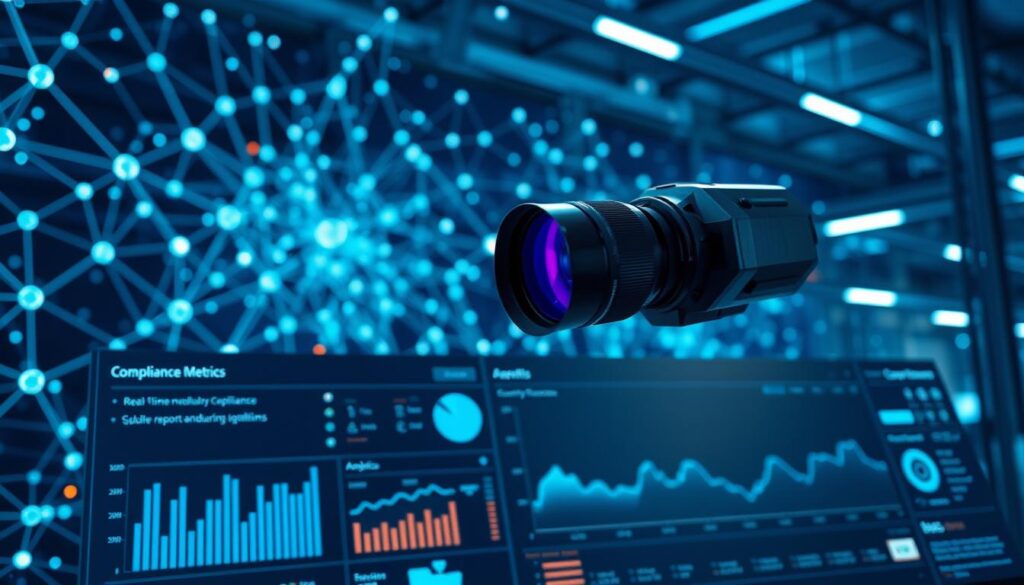 A large, futuristic blockchain network fills the background, its complex nodes and interconnections glowing with a cyberpunk aesthetic. In the foreground, a data visualization dashboard displays real-time compliance metrics, regulatory reports, and security analytics, all rendered in a sleek, minimalist UI. A discreet, floating camera lens observes the scene, capturing the essence of blockchain-powered compliance monitoring in a high-tech, industrial setting illuminated by cool, diffused lighting.