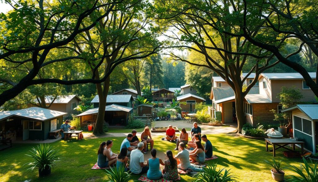 A lush, verdant community gathering space, with a central open-air pavilion surrounded by a diverse array of small homes and workshops. Sunlight filters through the canopy of trees, casting a warm, welcoming glow. In the foreground, a group of people sit in a circle, engaged in animated discussion, while others work collaboratively on various projects. The atmosphere exudes a sense of collective empowerment, with an emphasis on sustainability, shared resources, and grassroots decision-making. The scene is captured from a slightly elevated perspective, conveying the interconnectedness and self-governance of this decentralized community.