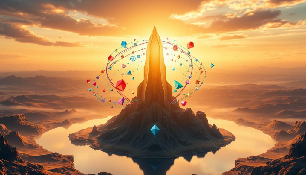 A majestic landscape of the blue-chip NFT realm, bathed in a warm, golden glow. In the foreground, a towering blockchain monolith rises, its faceted surface gleaming with digital promise. Swirling around it, a myriad of colorful, abstract shapes representing the diverse range of blue-chip projects, each one a unique and valuable digital asset. In the middle ground, a serene, reflective pool mirrors the scene, creating a sense of depth and tranquility. The background is a sweeping panorama of rolling hills and distant mountains, hinting at the vast potential and boundless possibilities of the NFT ecosystem. The overall atmosphere is one of grandeur, innovation, and quiet contemplation, inviting the viewer to immerse themselves in the captivating world of blue-chip NFTs.