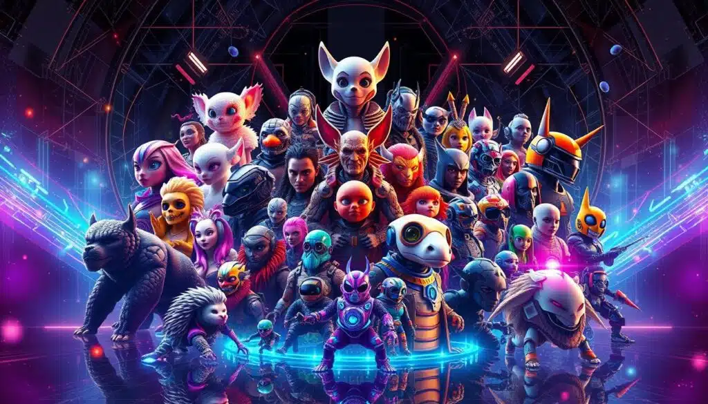 A mesmerizing collage of the most iconic and renowned NFT collections, showcasing their unique visual styles and artistic flair. A central focal point highlights the diverse array of NFT avatars, from whimsical creatures to futuristic cyborgs, rendered in a striking 3D perspective with intricate textures and vibrant colors. Surrounding this central scene, a dynamic background blends geometric patterns, glowing neon gradients, and ethereal particles, creating a sense of digital energy and innovation. Dramatic lighting casts dramatic shadows, heightening the sense of depth and drama. The overall composition exudes a captivating fusion of cutting-edge digital art and the boundless creativity that defines the world of NFTs.